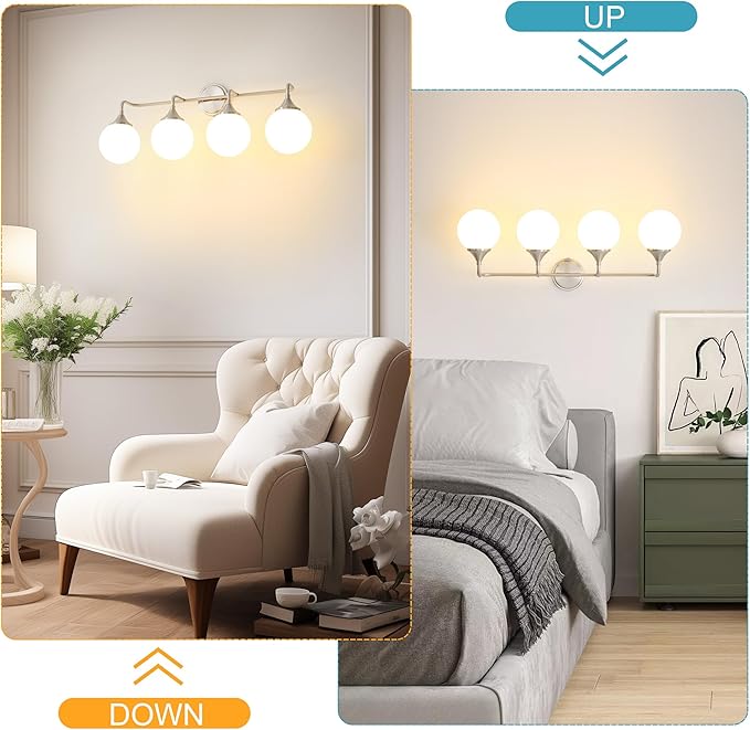 Brushed Nickel Vanity Lights Fixtures, 4-Light Bathroom Vanity Lighting Over Mirror, Modern Bathroom Wall Sconces with Milky White Glass Ball Shades