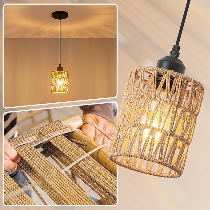 Rattan Chandelier Pendant Lights Kitchen Island,Farmhouse Boho Chandeliers Adjustable Height Hanging lamp for Dining Room,Small Kitchen Ceiling Light Fixtures with Hand Woven Wicker Lampshade