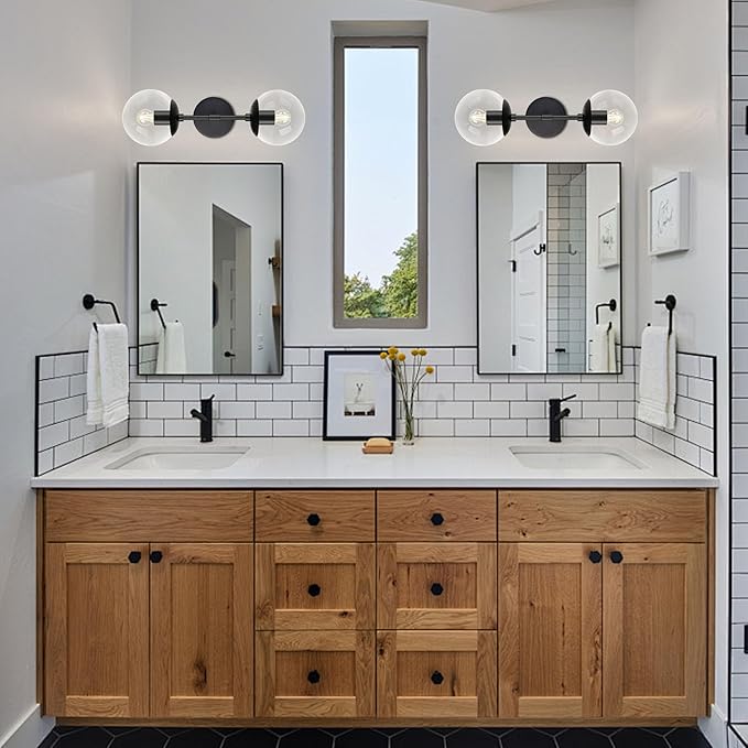 KoKo&Yukina 2 Pack Mid Century Modern Bathroom Vanity Light Matte Black Vanity Lighting Fixtures Modern Wall Sconce 2-Lights Globe Vanity Light with Clear Glass Shade for Bathroom(Bulb Incl.)