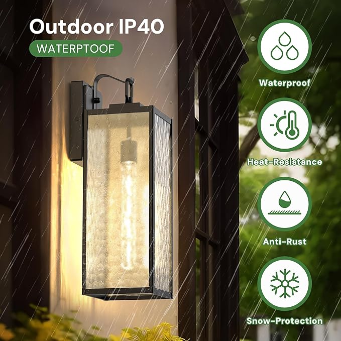 DORESshop 18 Inch Large Size Dusk to Dawn Outdoor Wall Lights, Matte Black Waterproof Anti-Rust Outdoor Light Fixtures Wall Mount with Water Ripple Glass Shade for Porch, with T30 Light Bulbs, 2 Pack