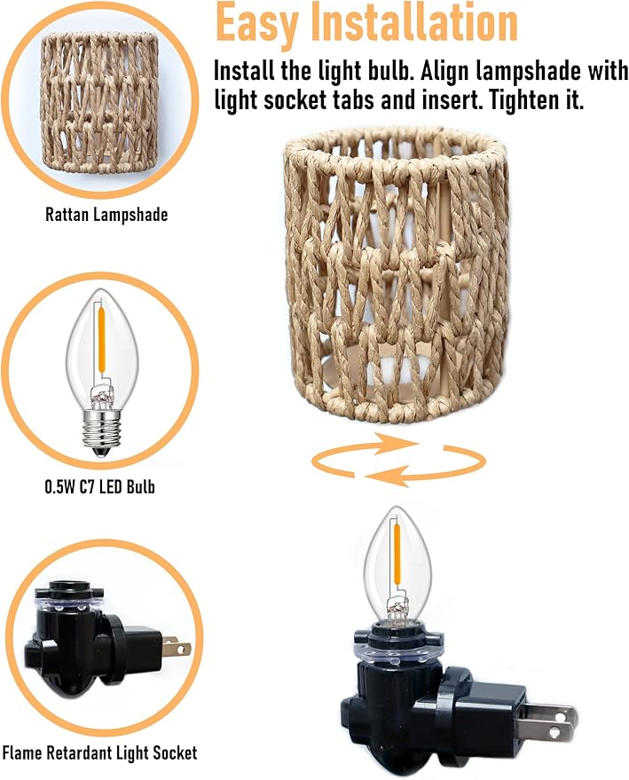 Boho Plug in Night Light with Switch, 2-Pack Farmhouse LED Night Lights Plug into Wall Socket, 0.5W Baby Nursery Nightlight with Bohemian Rattan Lamp Shade for Adult Kids Room Bathroom Hallway