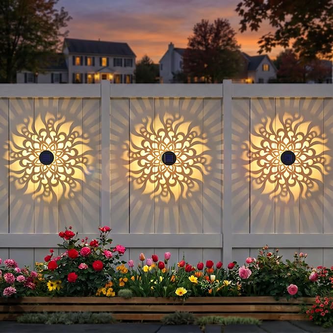 Solar Fence Lights 2 Pack Outdoor Deck Step Wall Lights Metal Waterproof LED Warm Yellow Light for Garden Post Patio Backyard Yard Decor (Mandala-2, 2)