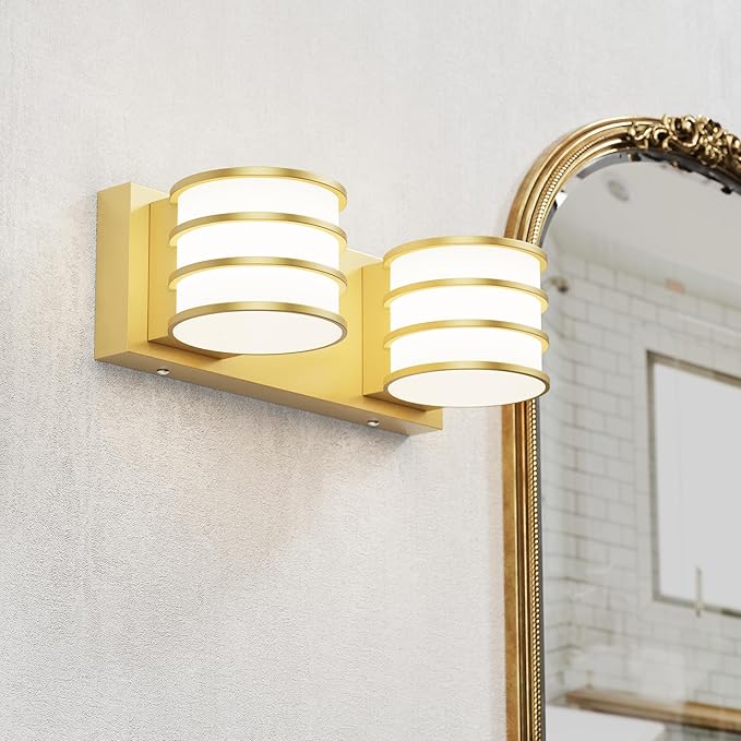 LED Bathroom Vanity Light - 12.6 Inch Gold 2-Light Fixture with White Acrylic Shades, 6000K Cool White, Mirror Lighting for Bathroom, Bedroom, Hallway, Living Room Wall Sconce