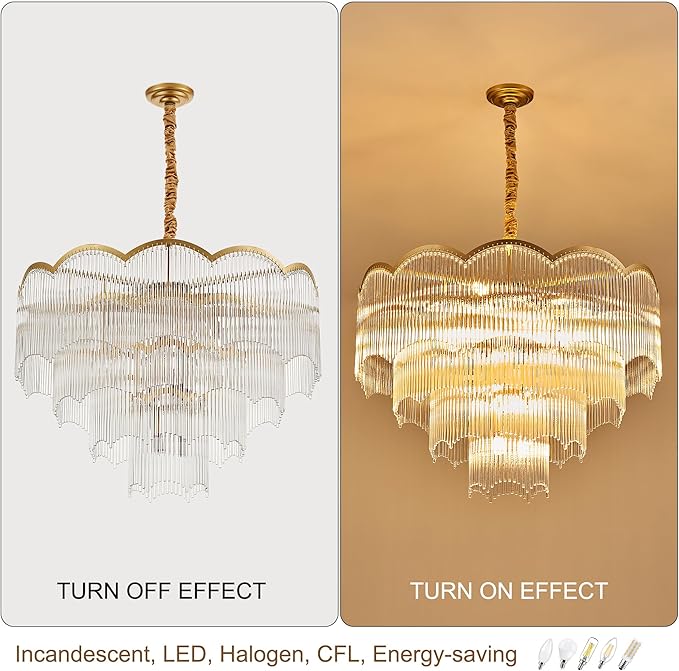 31.5" Gold Clear Glass Crystal Chandelier 18-Light Modern Crystal Pendant Ceiling Light Fixture 4-Tier Luxury Glass Chandeliers,for Dining Room Kitchen Island Living Room Bedroom