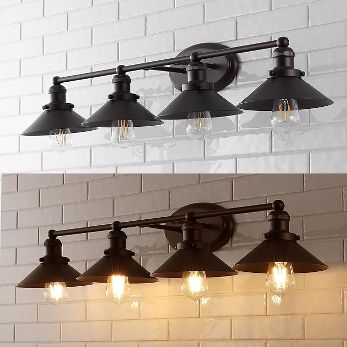 JONATHAN Y 36.25" Oil Rubbed Bronze 4-Light Industrial Farmhouse Metal Vanity Light Wall Sconce, Metal Shade for Bathroom Mirror, Kitchen, Entryway, LED Bulb Included (JYL7904A)