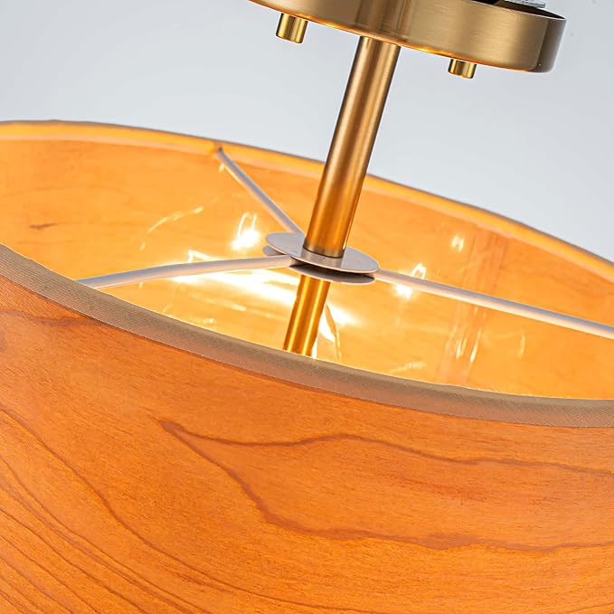 3-Light Solid Wood Drum Ceiling Light, Coastal Style Pendant Light Fixture for Dining Room, Living Room, D11.8 * H11.1 inch, Solid Wood Lampshade & Gold Finish