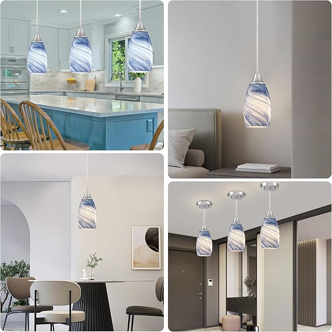 Viinew Mini Glass Pendant Light 1-Pack Dark Blue Marble Art Glass Pendant Lights Kitchen Island Brushed Nickel Finish Hanging Light for Kitchen Over Sink,Dining Room,Foyer,Hallway