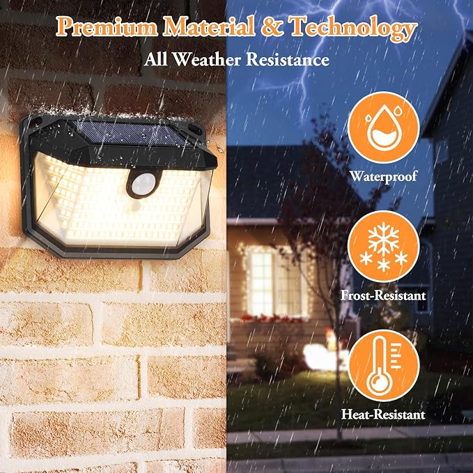 2-Pack Solar Outdoor Lights, Super Bright Solar Powered Motion Sensor Outdoor Lights, Warm White, 178s LED Outside Security Wall Lights for House, Porch, Fence