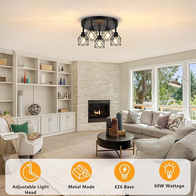 5-Light Adjustable Kitchen Light Fixtures, Multi-Directional Black Ceiling Light Fixtures, Semi Flush Mount Ceiling Light, Vintage Metal Cage Spotlight Fixture for Hallway Dining Room Entryway