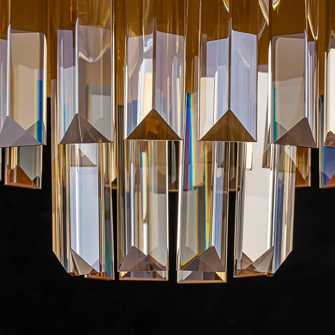 3-Light Luxury K9 Crystal Ceiling Light for Living Room, Foyer, Bedroom, Close to Ceiling Semi-Flushmount Light Fixture, Brass Finish Metal Lampshade & Champagne Crystal Pendant