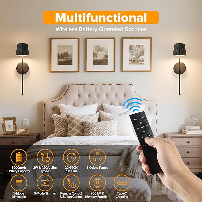 LUTEC Cordless Wall Sconces Set of 2, 5200mAh Wireless Rechargeable Battery Operated LED Wall Lamps, 3 Color Stepless Dimming Portables Lightings for Wall Painting/Living Room/Bedroom/Hallway Decor