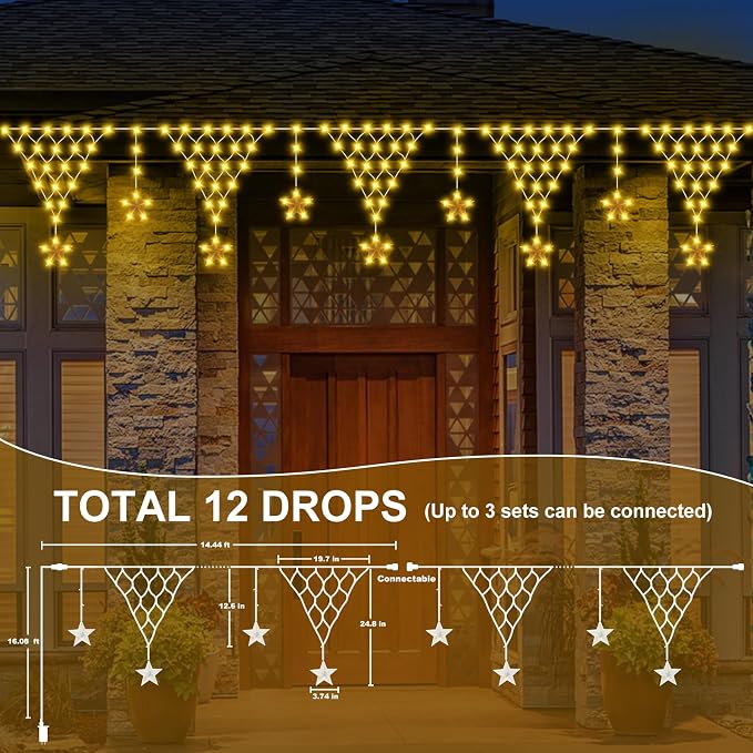 Outdoor Christmas Lights, 13.8ft 218 LED Curtain Lights, Icicle String Lights with 12 Drop Stars for Curtain, Indoor, Garden, Patio, Wedding, New Year, Home Decoration - Warmwhite