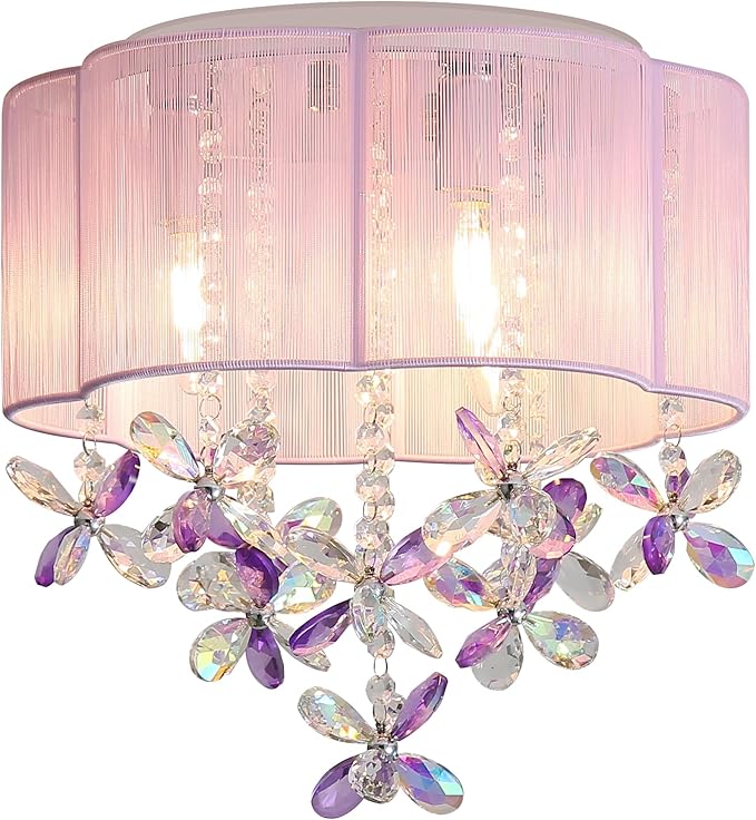 3 Light Bedroom Chandelier Ceiling Light Pink Lamp 13" Small Crystal Mini Chandelier Flush Mount Ceiling Light with Handmade Flower Lampshade for Girls' Bedroom,Closet,Nursery,Dinning Room Purple
