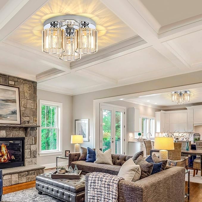 3-Light Glam Drum Chandelier Crystal Ceiling Light Fixture Kitchen Chandeliers with Clear Crystal for Bedroom Entrance Foyer Silver