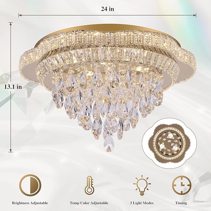 24" Gold Crystal LED Ceiling Light with Remote Control,Flush Mount Chandelier with 3-Color Dimmable for Living Room Bedroom Dining Room Hallway - Modern Flower Design