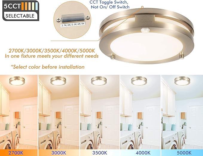 CLOUDY BAY Indoor Outdoor Motion Sensor Flush Mount Porch Ceiling Light,10 inch 5 Color 120V 20W, 5CCT Selectable,Brushed Nickel Finish,Dust Proof,Wet Location,ETL Listed