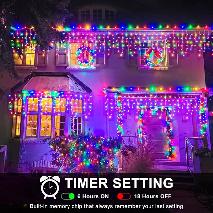 Icicle Christmas Lights Outdoor - 98FT 1216 LED Icicle Lights for Outside with 8 Modes Timer, 228 Drops Waterproof Hanging String Light Indoor for House Patio Garden Party Decorations, Multicolor