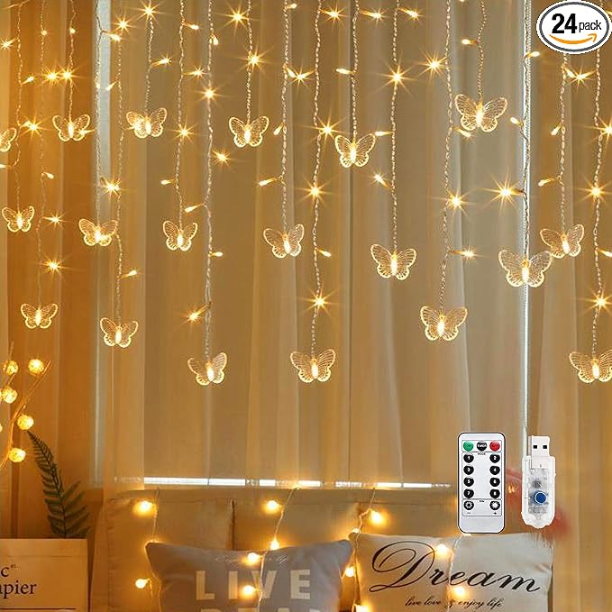 Butterfly Curtain Fairy String Lights, 120LED 8 Modes USB Powered Timer Firefly Twinkle Light with Romote, 14.7FT Copper Wire Hanging Decoration for Room, Wedding, Bedroom, Party, Christmas Decor