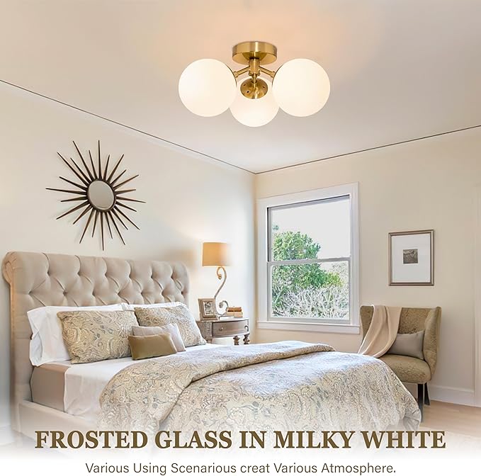 3 Light Mid Century Modern Gold Globe semi Flush Mount Ceiling Brass Chandelier 3-Light Milk Glass Globe Lights Sputnik Ceiling Light Fixture for Bedroom Living Room Hallway