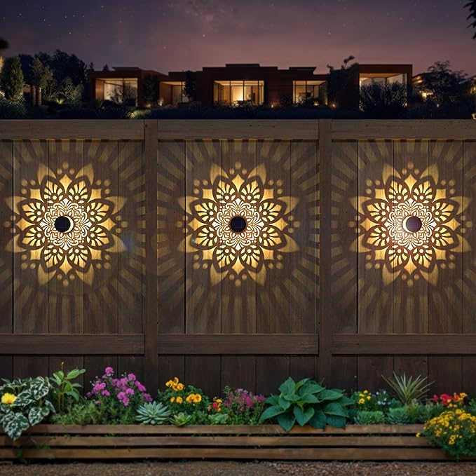 4 Pack Solar Fence Lights Metal Solar Powered Outdoor Wall Deck Step Lights Mandala Theme Waterproof Fence Light for Garden Post Patio Backyard Yard Decor, Gardening Gifts for Women Mom Grandma