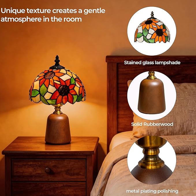 12.2" Tiffany Style Lamp, Handcrafted Stained Glass Sunflower Table Lamp with Solid Wood Base, 3-Color Dimmable Bedside Lamp for Nightstand & Bedroom, Vintage Aesthetic Accent Light