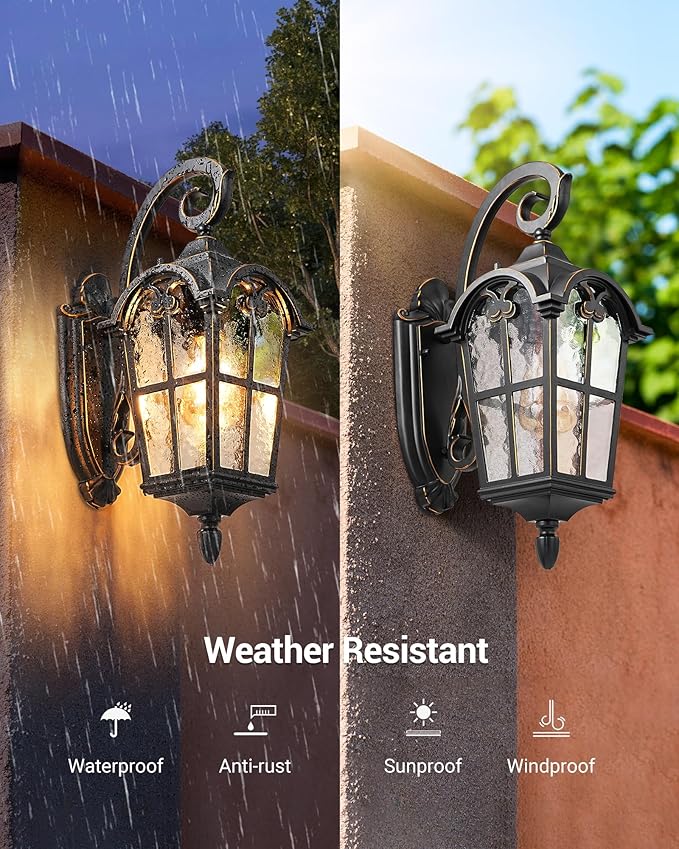 DEWENWILS Outdoor Wall Light Fixtures, Black Roman 17.7" H Exterior Wall Lantern, Anti-Rust & Waterproof, Water Ripple Glass, Outside Wall Sconce Porch Light for House, Garage