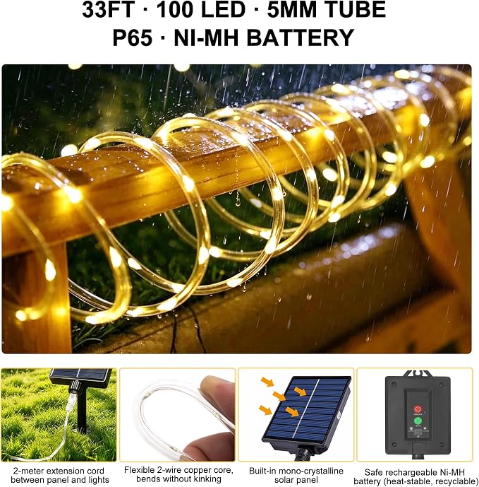 Solar Rope Lights Outdoor Waterproof, 33FT 100 LED Solar String Lights with 8 Lighting Modes,Trampoline Lights, Solar Patio Light for Garden Fence Backyard Deck Porch Pool Tree Christmas Decor