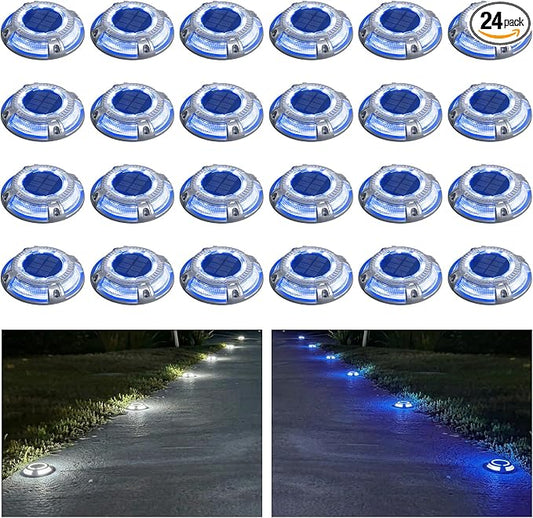 addlon Solar Driveway Lights Outdoor 24 Pack, 2 Color Modes LED Deck Dock Marine Waterproof Driveway Marker Lights for Step Sidewalk Stair Garden Pathway Walkway Yard (Blue Light/Cool White)