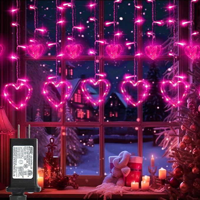 Valentine's Day Decoration, 138 LED Connectable Heart Curtain Lights with 8 Twinkle Modes, Plug in Pink Heart-Shaped Icicle Lights for Indoor Outdoor Garden Party Wedding Valentines Day Decor