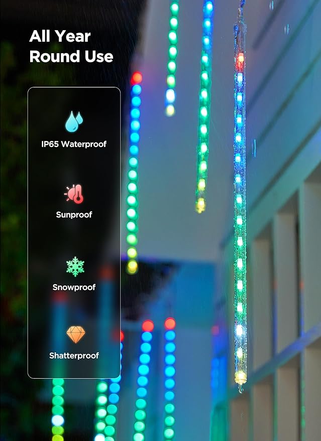 Smart Meteor Shower Lights Outdoor, 16Tube 256LED 24.6ft Color Changing Dripping Icicle Christmas Lights for Outdoor Outside, APP Controlled RGB Customize Display DIY Dynamic Lighting Effec