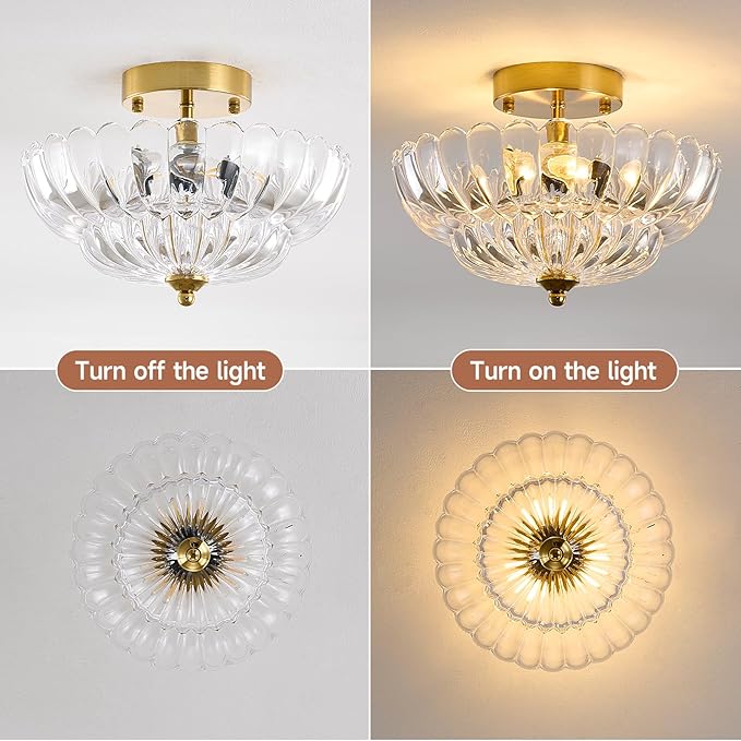 Gold Semi Flush Mount Ceiling Light, 12" Crystal Glass Vintage Light Fixture with E26 Base, 3-Light Modern Close to Ceiling Lamp for Bedroom Hallway Entryway Kitchen