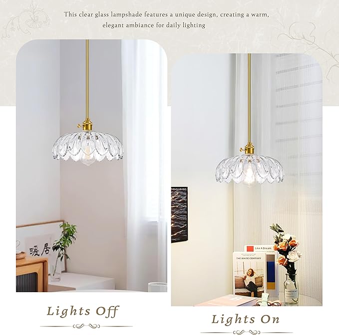Mid Century Modern Pendant Light 2 Pack Hanging Adjustable Pendant Lights with Brushed Gold Fixture Clear Flower Glass Vintage Chandelier for Kitchen Island Bedroom Dining Room（Bulb Incl.）