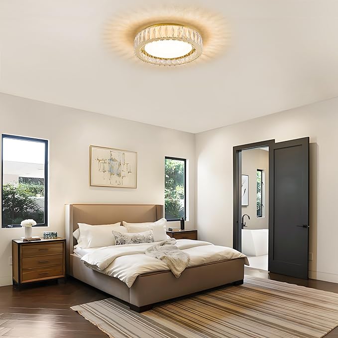 15 Inch Dimmable LED Crystal Flush Mount Ceiling Light,Modern Gold 36W 5CCT 3000K-6000K Chandelier Large Round Lighting Fixtures for Bedroom,Living Room,Laundry Room,Dining Room