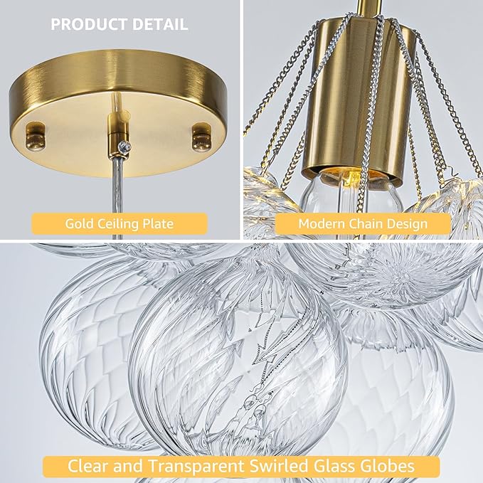 Dining Room Chandelier 14.17", Modern Brushed Gold Pendant Light Bubble Ceiling Light Chandelier Vintage Hanging Light Fixtures with 10 Swirled Glass Globe for Foyer Bedroom Kitchen, Include E26 Bulb