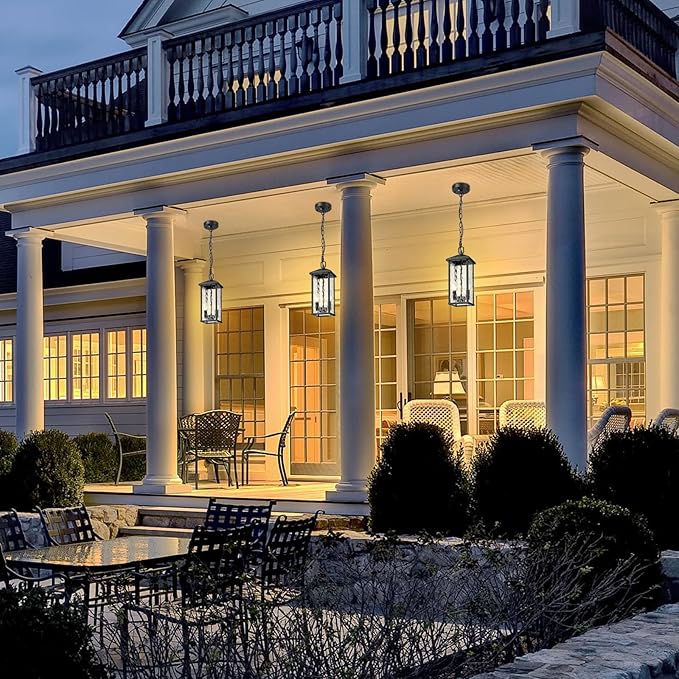 Outdoor Pendant Lights for Porch Chandelier Outdoor Pendant Lights Dusk to Dawn, 2-Light Modern Hanging Porch Lights Exterior Hanging Light Fixture with Water Ripple Glass for Patio Gazebo
