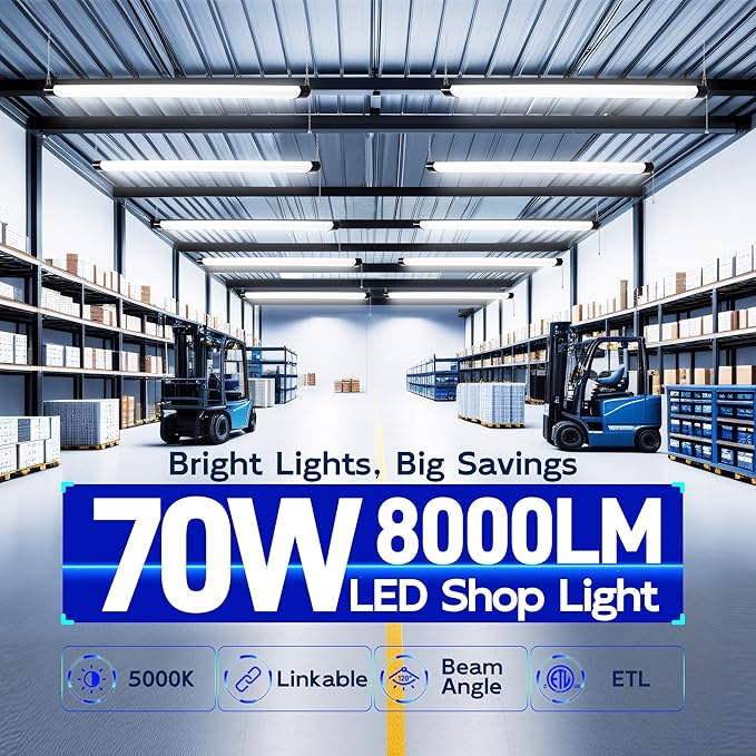 hykolity 4FT 70W LED Shop Light Linkable, 8000lm(300w Equivalent), 5000K Utility Shop Lights for Garages, Workshops, Basements, Hanging or FlushMount, with Power Cord and Pull Chain, ETL, Black,2 Pack