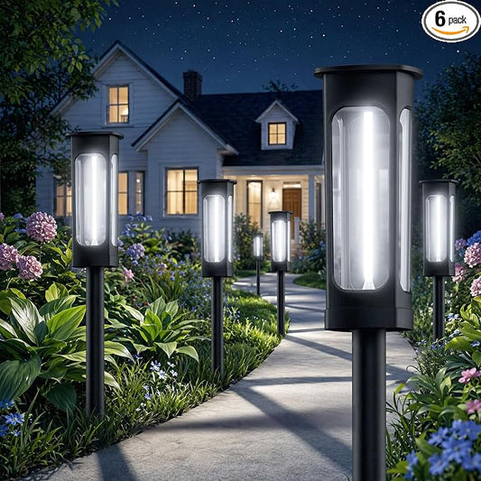 Solar Pathway Lights Outdoor 6 Pack, Upgraded Brighter 6 Inch extended filament Solar Garden Lights, Waterproof Up to 15 Hrs Lighting for Yard Garden Walkway Driveway Landscape Patio Decor （White）