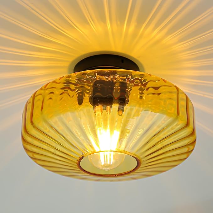 FCTWAKS Semi Flush Mount Ceiling Light, 11.8" Mid Century Modern 1-Light Close to Ceiling Light Fixtures with Drum Amber Glass Shade for Bedroom Entryway Hallway Porch Foyer