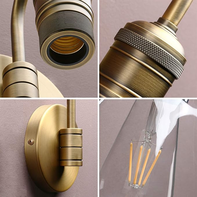 Yosoan 1-Light Brass Modern Vintage Indoor Wall Sconce, Vanity Single Luxury Hardwired Retro Textured Clear Funnel Flared Glass Shade with Industrial Curved Rod Bathroom Lamp(Antique)