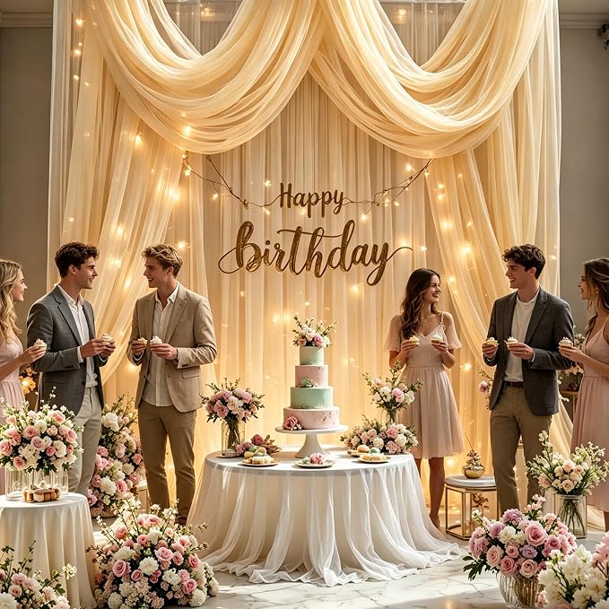 Champagne Tulle Backdrop Curtains with Lights String for Parties - 20×10Ft Sheer Backdrop Curtains with Lights for Wedding, Baby Shower, Birthday Party, Photo Shoot Background Decoration