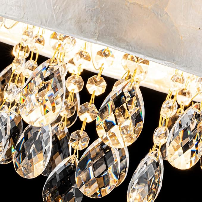 12inch 3-Light Capiz Shell Crystal Ceiling Light, Coastal Design Semi-Flushmount Drum Light Fixture for Hallway, Living Room, Bedroom, Clear Crystal & Shell Lampshade & Gold Finish Frame