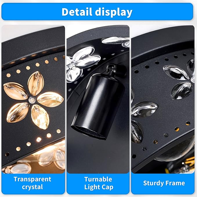 12.6 inch Black Flush Mount Ceiling Light Fixtures, 3-Light Ceiling Mount for Industrial, Crystal Light Fixtures for Farmhouse, Bedroom, Living Room, Kitchen, Hallway and Foyer (1 Pack)