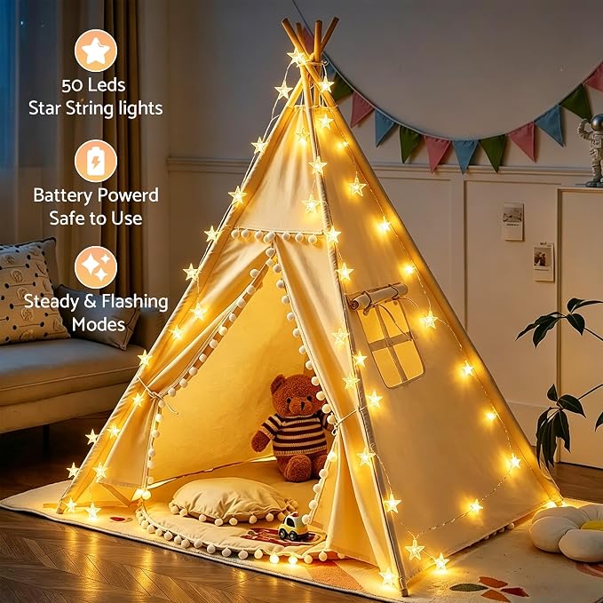 Star String Lights Twinkle Lights Battery Operated, 17 ft 50 LEDs Classroom Decor Fairy Lights, String Lights Battery Powered for Kids Bedroom Wedding Mantel Patio Dorm Decor, Warm White