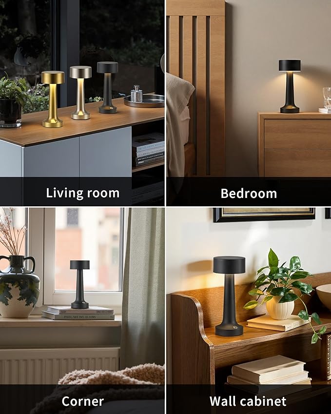 PUSU Cordless LED Black Small Table Lamps Set of 2, Portable Rechargeable 4000mAh Battery Operated Desk Lamp, 3 Color Stepless Dimming for Kids, Restaurant, Bedside, Outdoor, Bar, Night Light, Gift