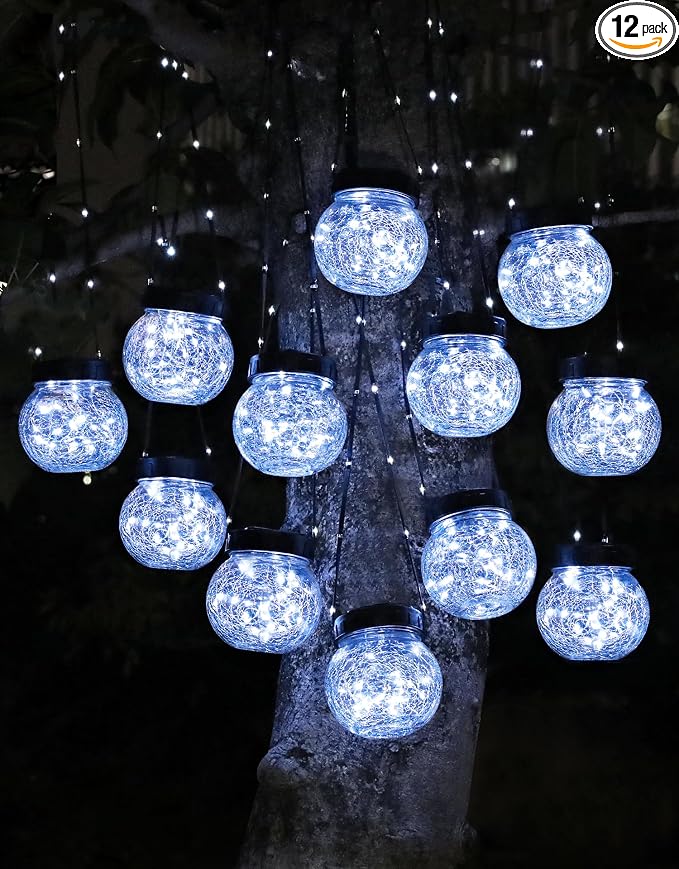 PARTPHONER Solar Lights Outdoor Waterproof 12-Pack, Solar Powered Hanging Lantern Cracked Glass Hanging Globes for Yard Decor Christmas Decoration, Shepherd Hook, Garden Tree Ornaments, Cold White
