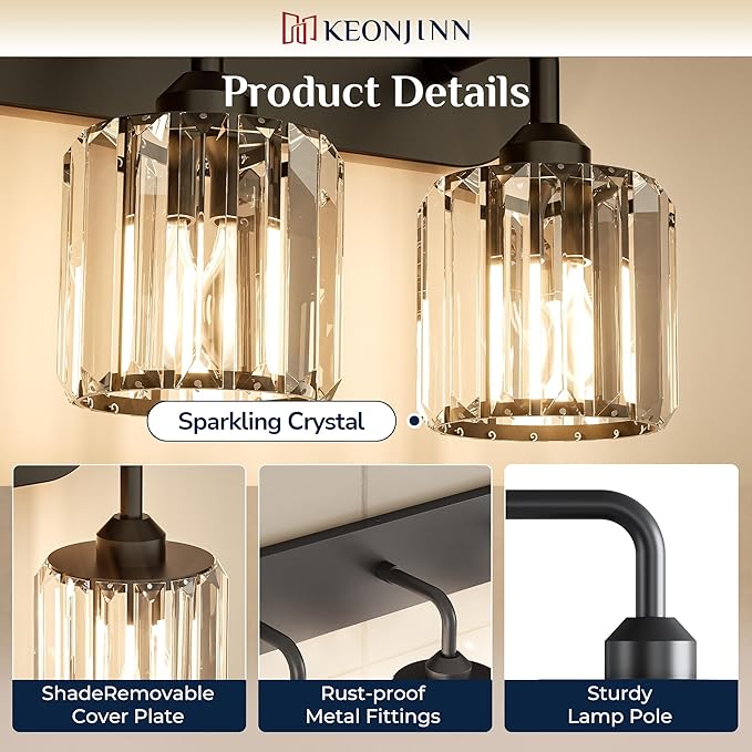 Keonjinn 5-Light Bathroom Light Fixtures, Crystal Black Bathroom Vanity Lights Over Mirror, Vanity Lighting Fixtures with Crystal Square Shades (E26 Socket, Exclude Bulb)