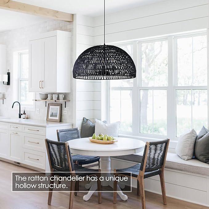 24" Black Woven Pendant Light Boho Chandelier Dome Rustic Farmhouse Chandelier Wicker Pendant Light Rattan Light Fixture for Dining Room Living Room Bedroom Kitchen Island Foyer(Bulb Incl)