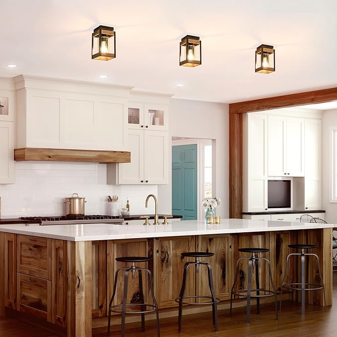 Mayful Farmhouse Flush Mount Ceiling Light, Rustic Ceiling Light Combine with Metal and Wood Frame, Clear Glass Ceiling Light Fixture for Kitchen Island Entryway Porch Foyer Dining Room