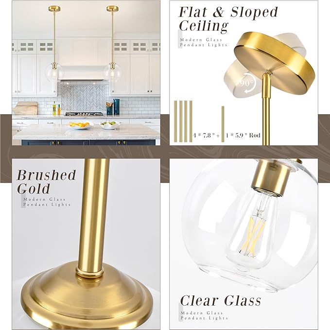 7 Inch Brass Modern Pendant Lights Kitchen Island Mid Century Modern Pendant Light Fixtures with Clear Glass Globe Modern Hanging Pendant Light for Bathroom Bedroom （Bulb Incl）