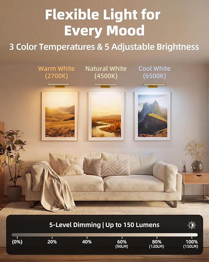 EZVALO Picture Light for Wall, 4800mAh Rechargeable Wireless Remote, 13in Dimmable Magnetic LED Art Display Light with 3 Color Temperatures, for Gallery, Living Room, Bedroom, Hallway (Gold)